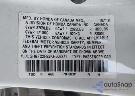 2019 Honda Civic Sport z USA, uszkodzony, nr VIN 2HGFC2F83KH506271
